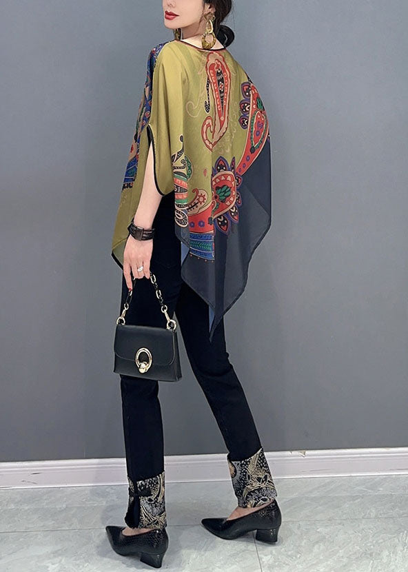 Elegant Colorblock Asymmetrical Print Chiffon Top Batwing Sleeve - Omychic