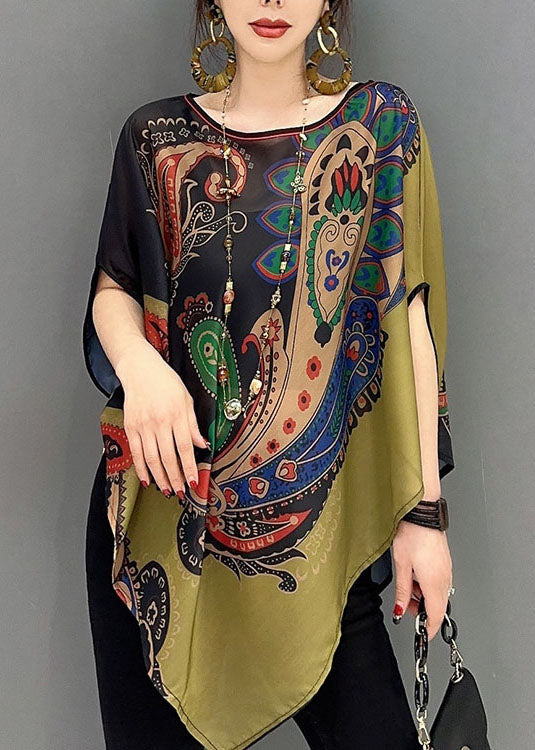 Elegant Colorblock Asymmetrical Print Chiffon Top Batwing Sleeve - Omychic