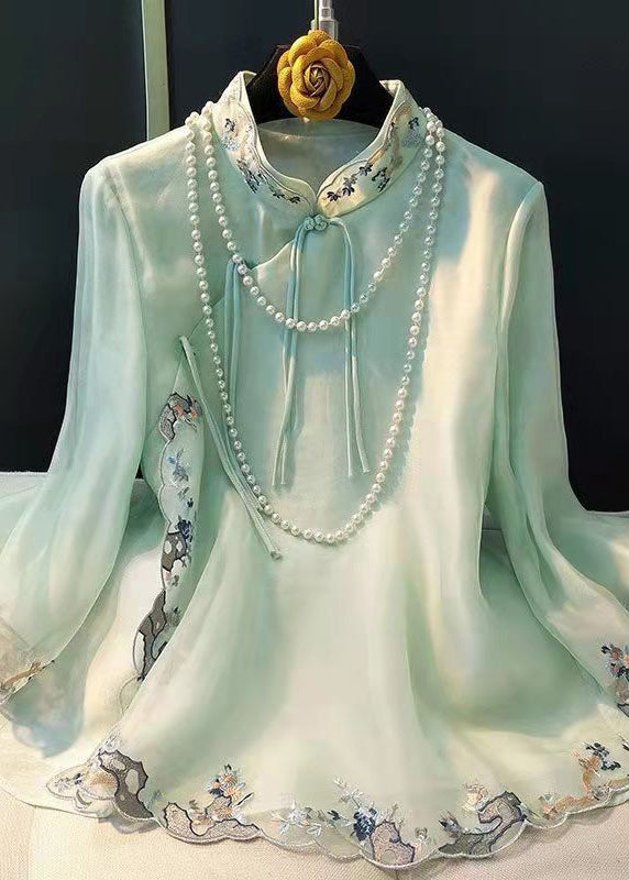 Elegant Light Green Embroidered Button Silk Shirt Long Sleeve - Omychic