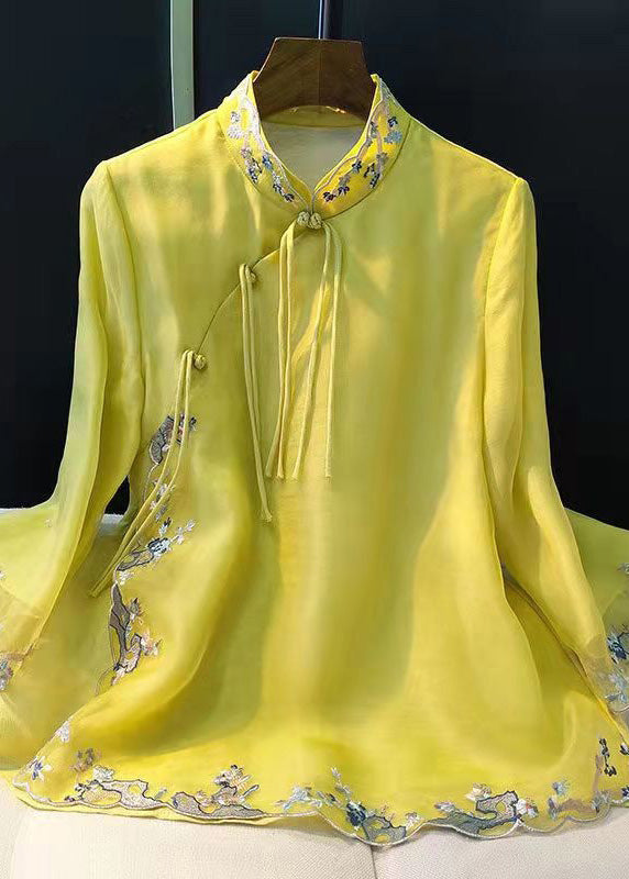 Elegant Light Green Embroidered Button Silk Shirt Long Sleeve - Omychic