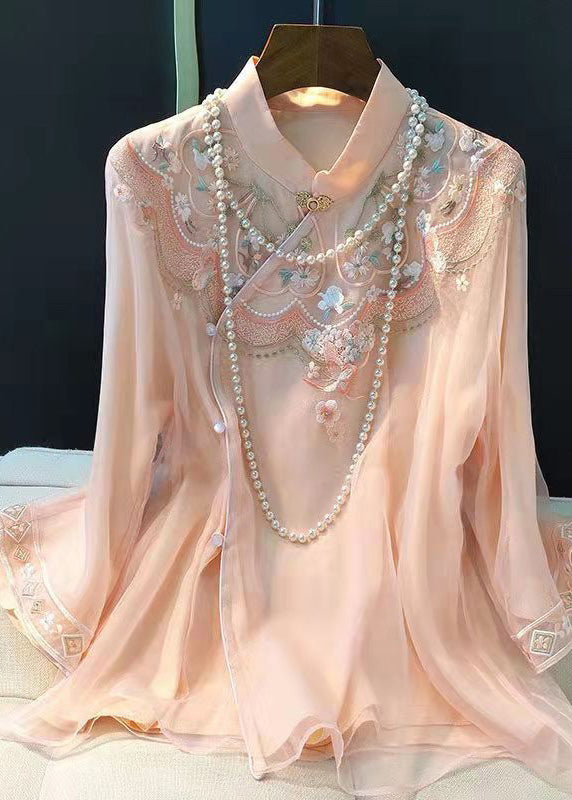 Elegant Light Green Embroidered Button Silk Shirt Long Sleeve - Omychic