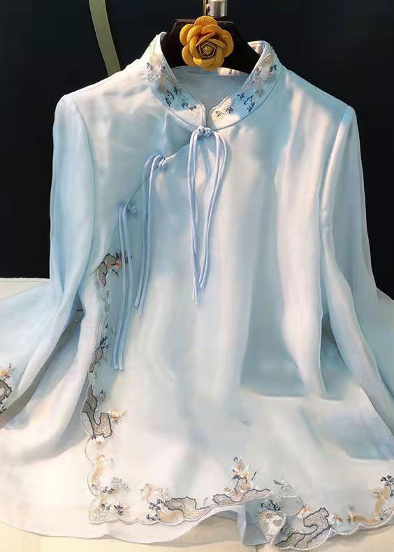 Elegant Light Green Embroidered Button Silk Shirt Long Sleeve - Omychic