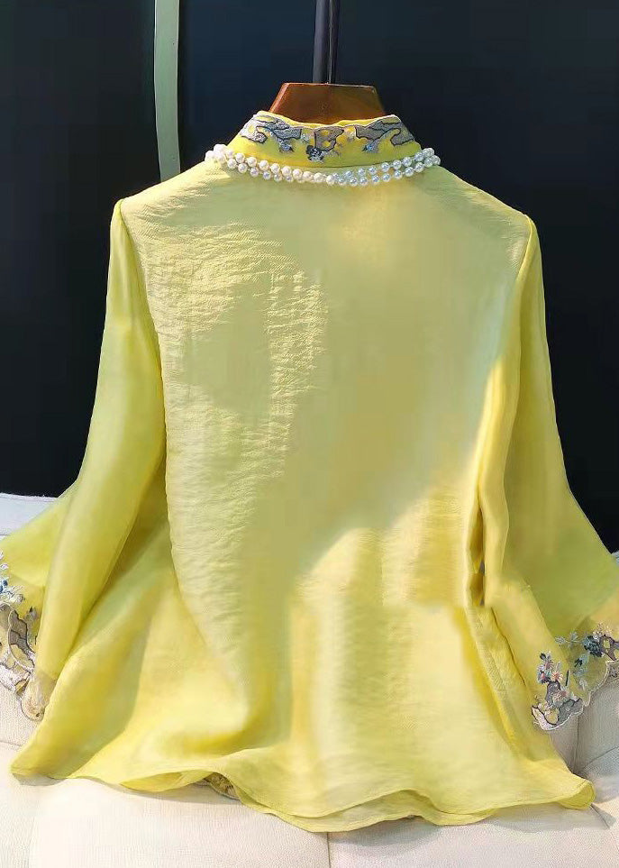 Elegant Light Green Embroidered Button Silk Shirt Long Sleeve - Omychic