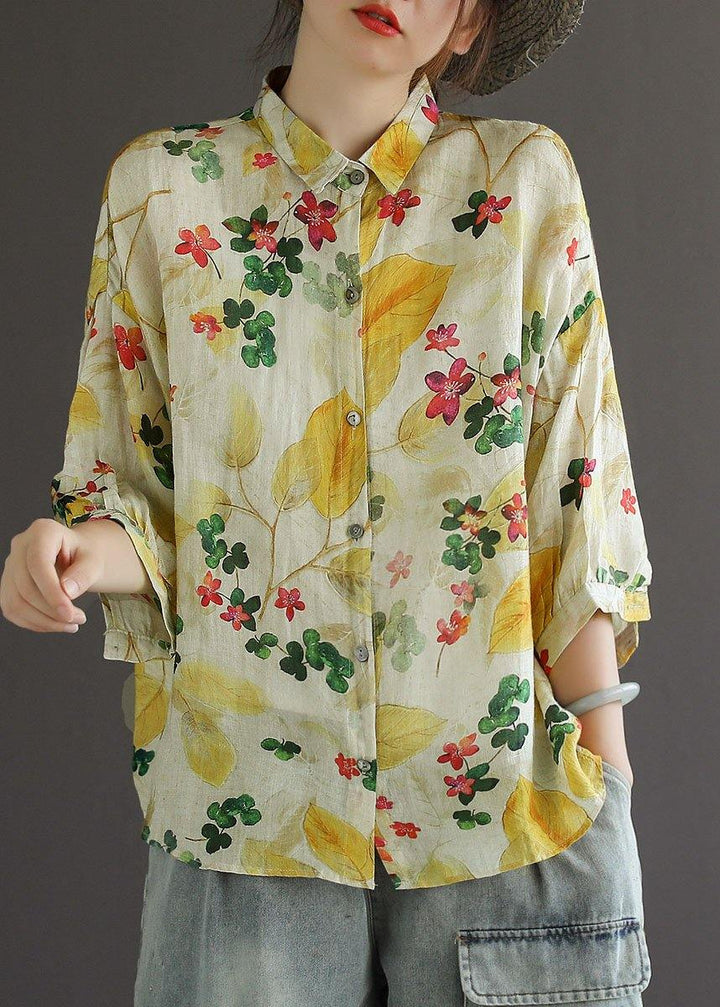 Elegant Print Peter Pan Collar Button Summer Linen Top Three Quarter Sleeve - SooLinen