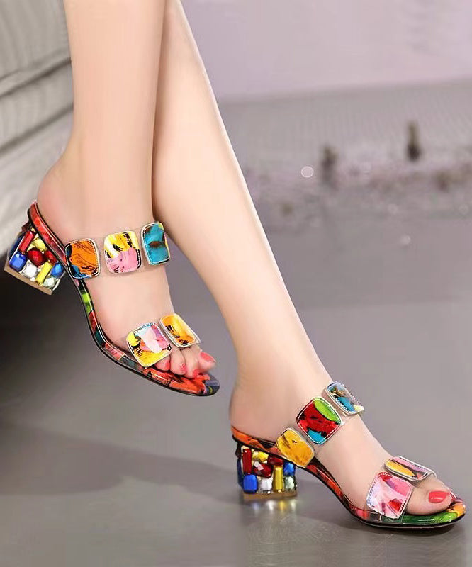 Fashion Multi Color Splicing Chunky Heel Peep Toe Slide Sandals - Omychic