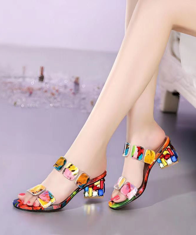 Fashion Multi Color Splicing Chunky Heel Peep Toe Slide Sandals - Omychic