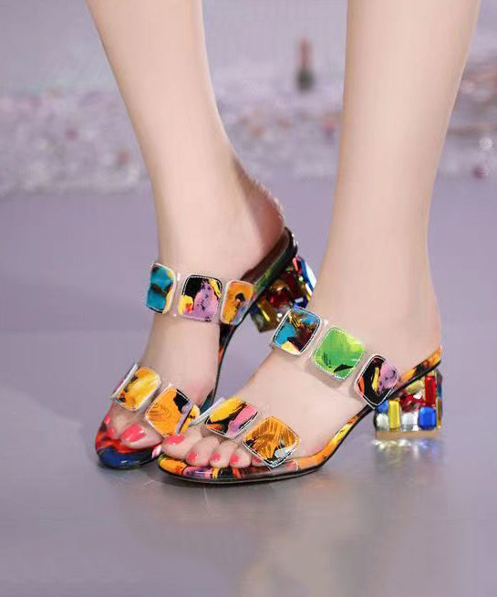 Fashion Multi Color Splicing Chunky Heel Peep Toe Slide Sandals - Omychic