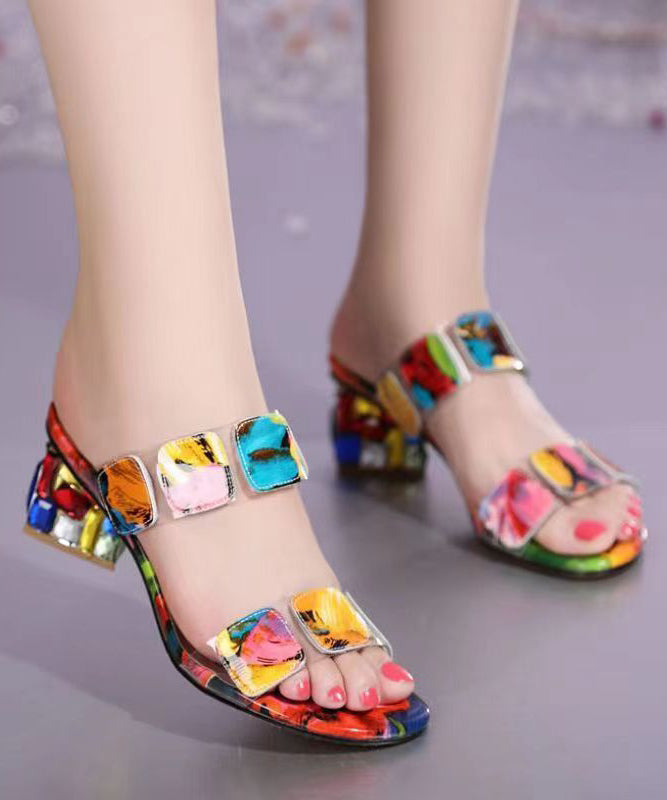 Fashion Multi Color Splicing Chunky Heel Peep Toe Slide Sandals - Omychic