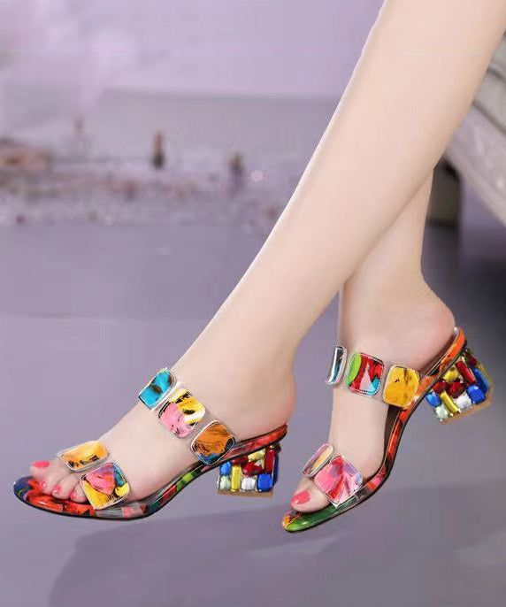 Fashion Multi Color Splicing Chunky Heel Peep Toe Slide Sandals - Omychic