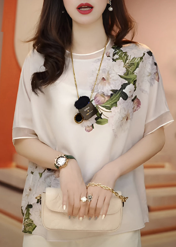 Fashion White O-Neck Print Chiffon Blouses Summer - Omychic