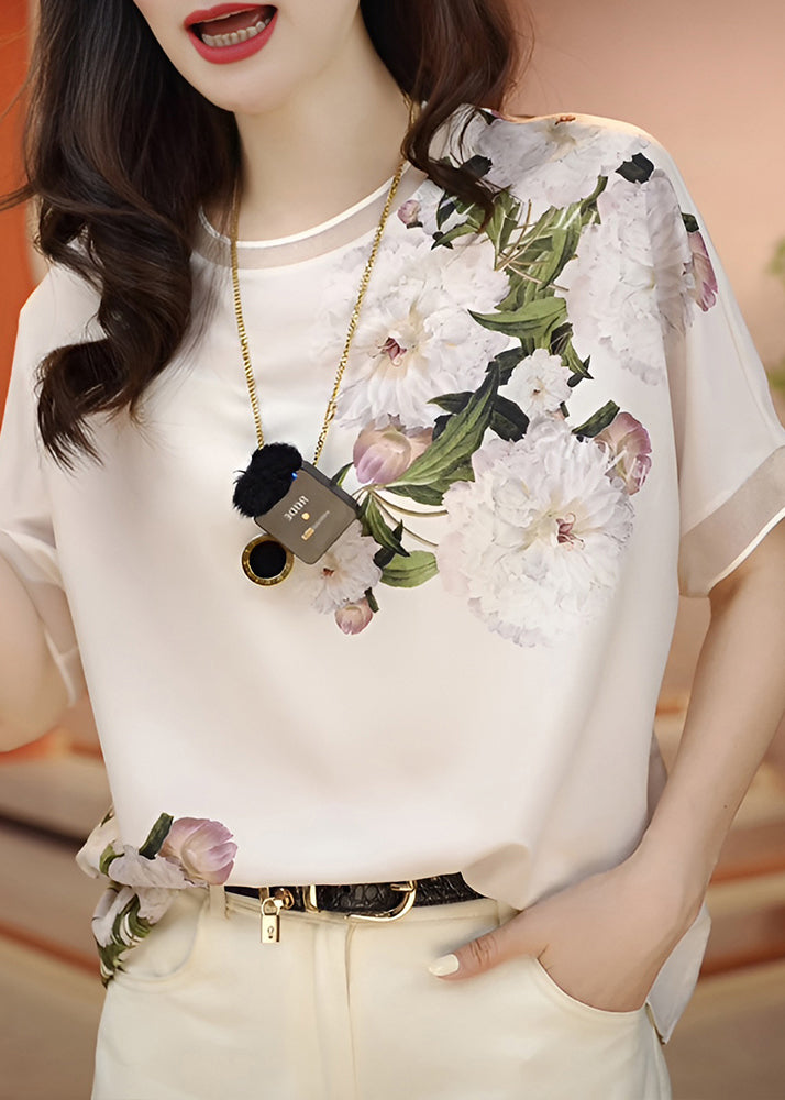 Fashion White O-Neck Print Chiffon Blouses Summer - Omychic