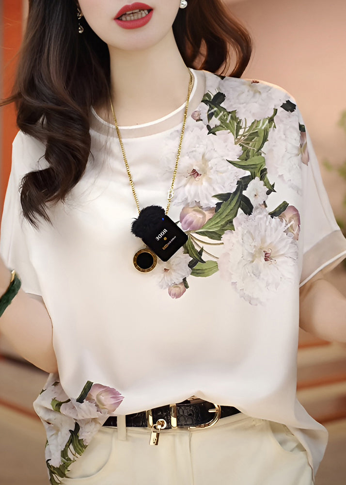 Fashion White O-Neck Print Chiffon Blouses Summer - Omychic