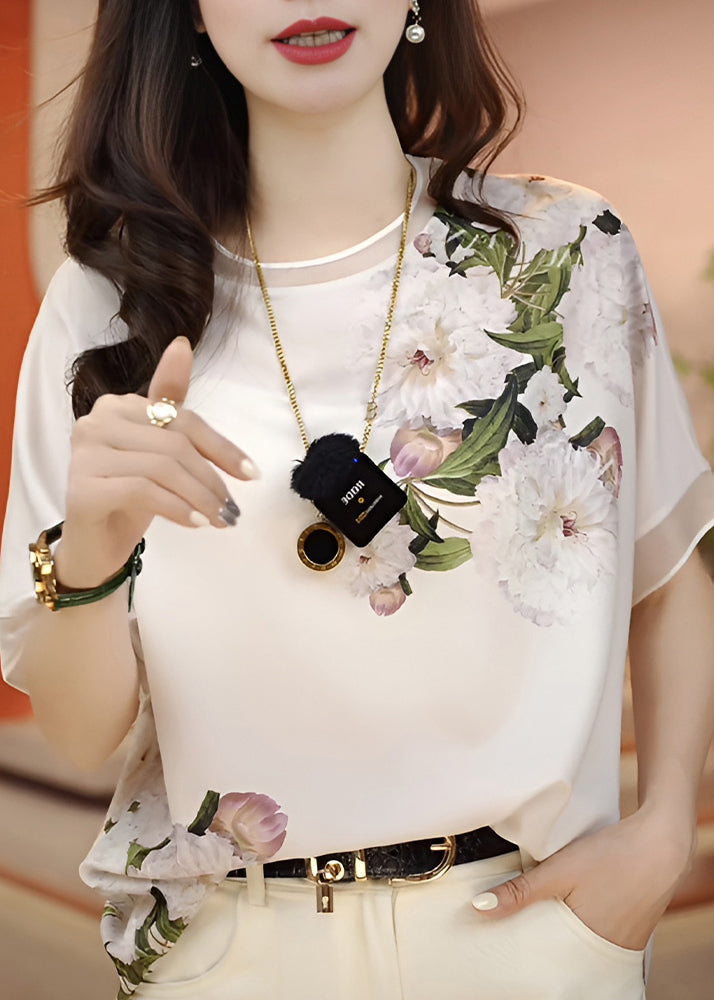Fashion White O-Neck Print Chiffon Blouses Summer - Omychic
