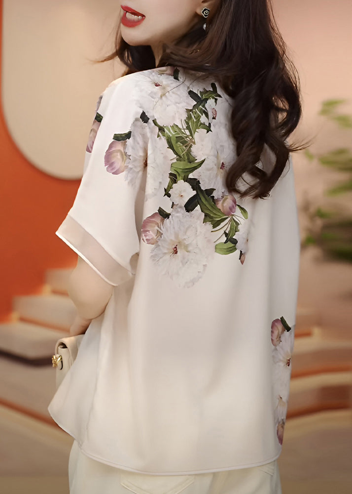 Fashion White O-Neck Print Chiffon Blouses Summer - Omychic