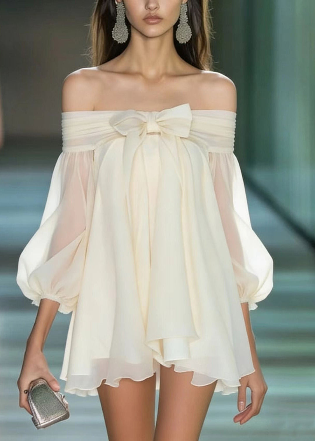 French Apricot Slash Neck Bow Chiffon Mini Dresses Summer - Omychic