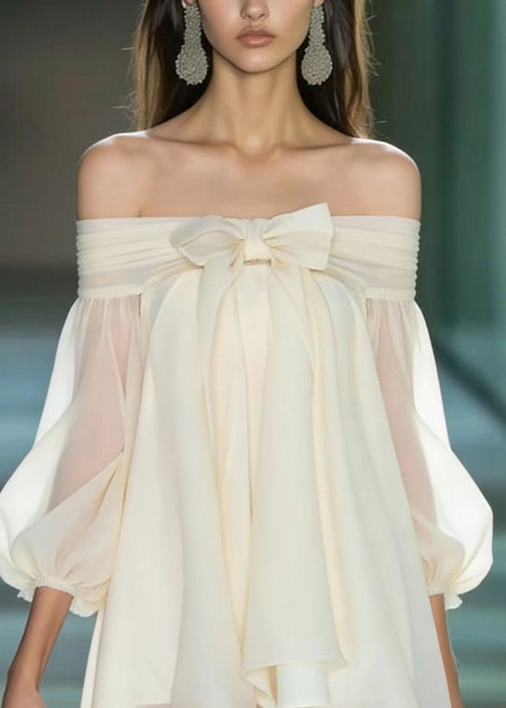 French Apricot Slash Neck Bow Chiffon Mini Dresses Summer - Omychic
