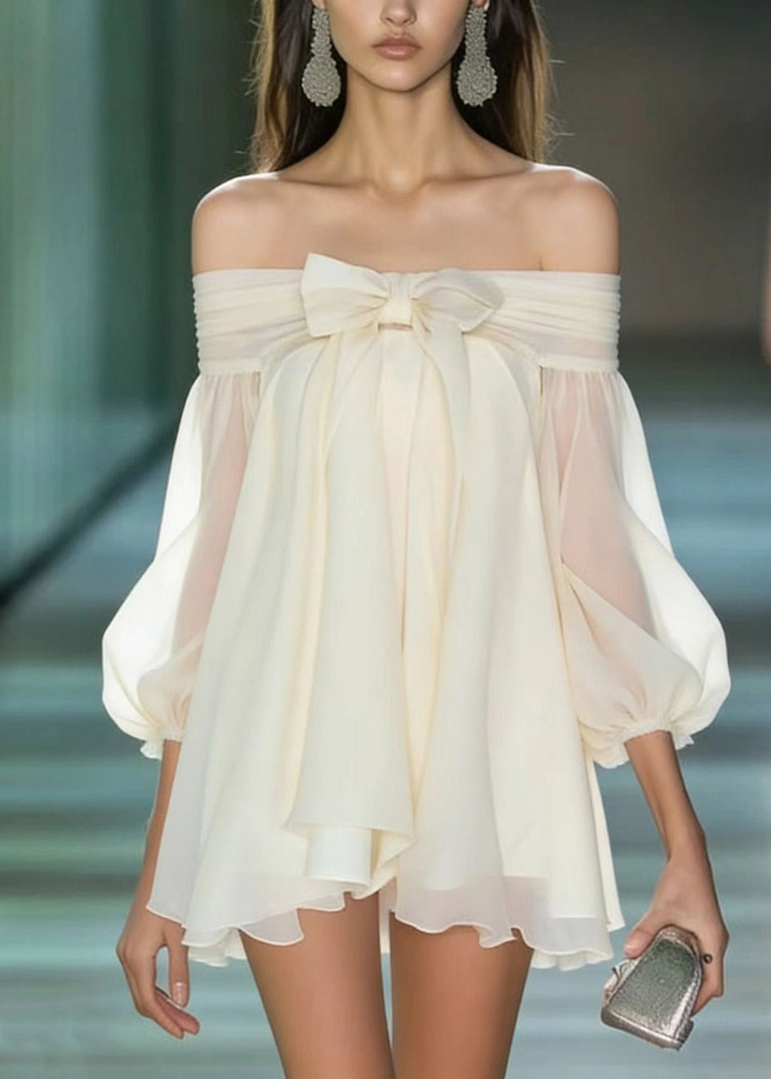 French Apricot Slash Neck Bow Chiffon Mini Dresses Summer - Omychic