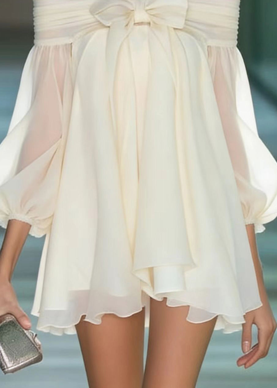 French Apricot Slash Neck Bow Chiffon Mini Dresses Summer - Omychic