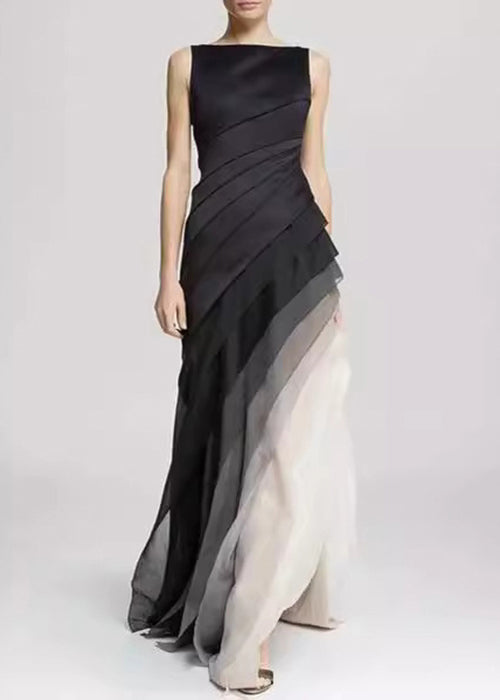 French Black High Waist Patchwork Tulle Maxi Dresses Summer - Omychic