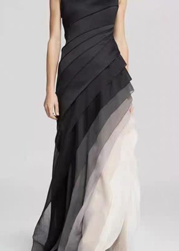 French Black High Waist Patchwork Tulle Maxi Dresses Summer - Omychic