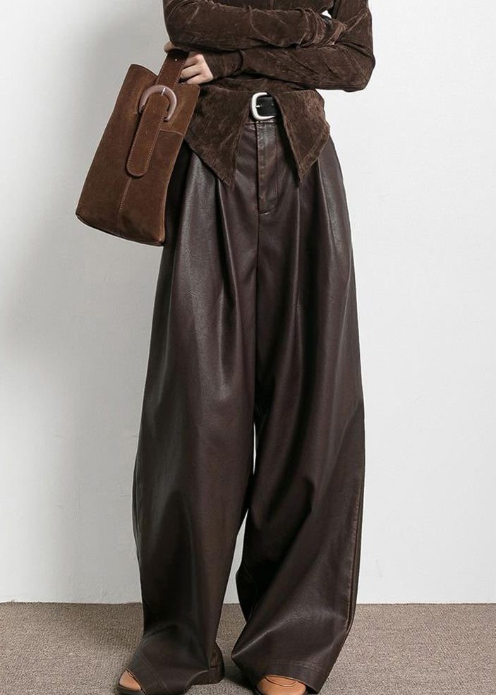 French Brown Pockets High Waist Faux Leather Pants Fall - Omychic