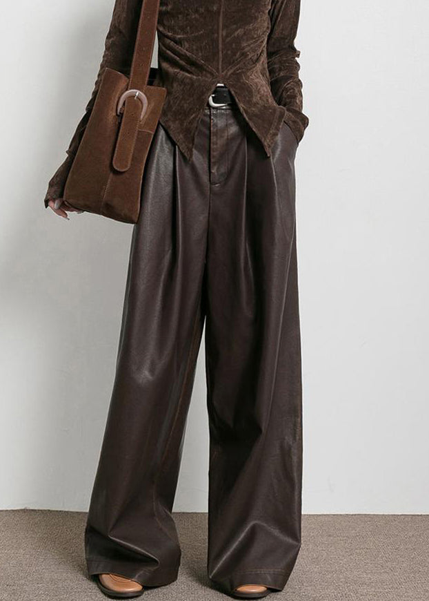 French Brown Pockets High Waist Faux Leather Pants Fall - Omychic