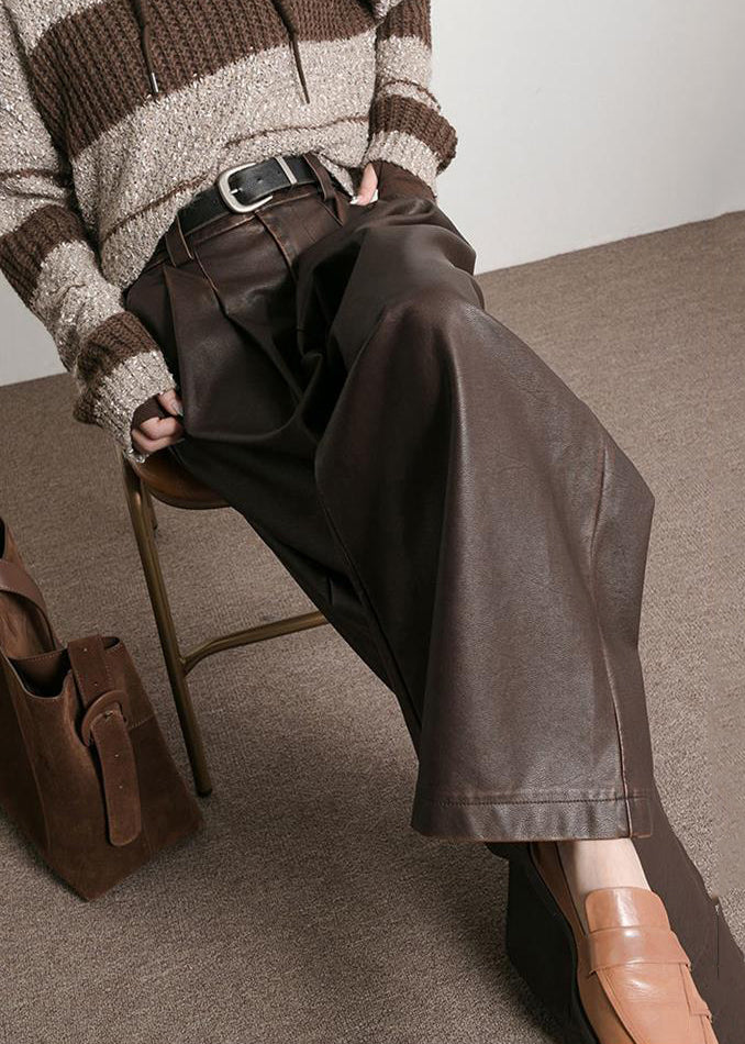 French Brown Pockets High Waist Faux Leather Pants Fall - Omychic
