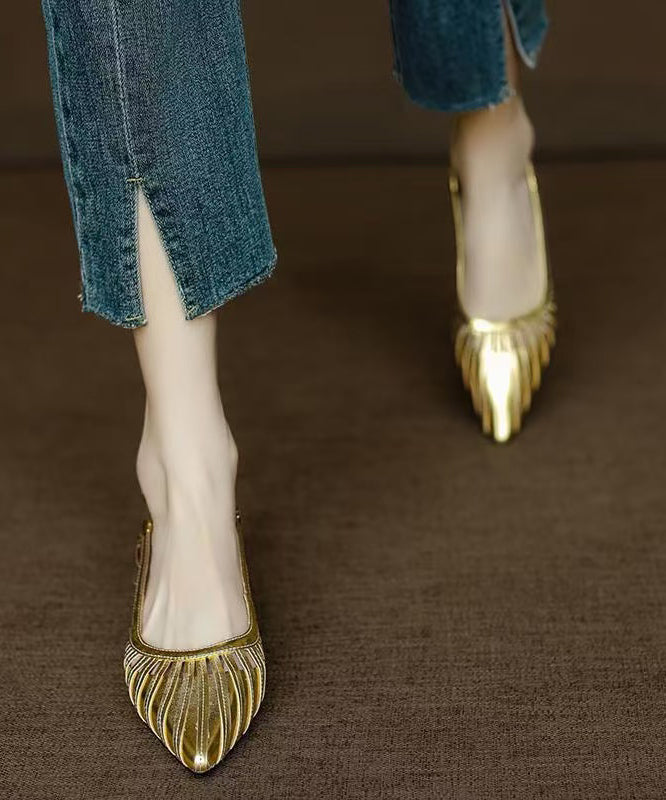 French Gold Chunky Sandals Cowhide Leather Hollow Out Pointed Toe - Omychic
