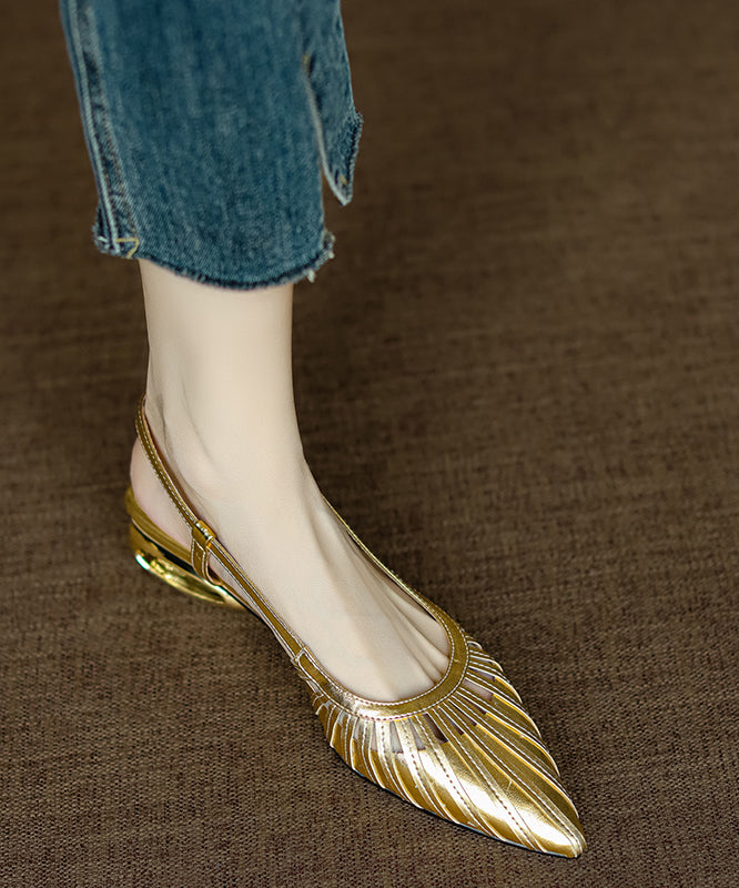 French Gold Chunky Sandals Cowhide Leather Hollow Out Pointed Toe - Omychic