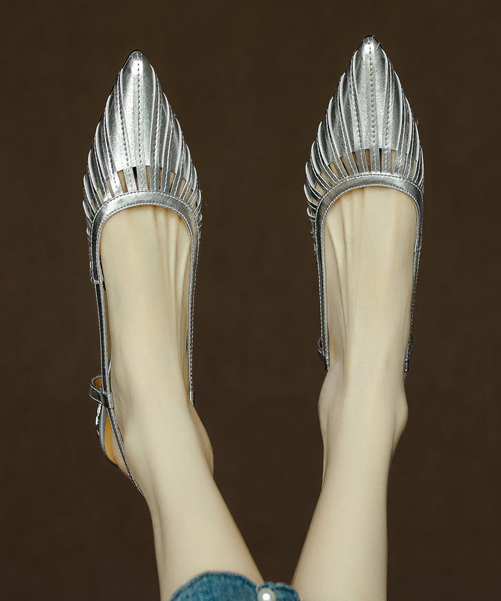 French Gold Chunky Sandals Cowhide Leather Hollow Out Pointed Toe - Omychic