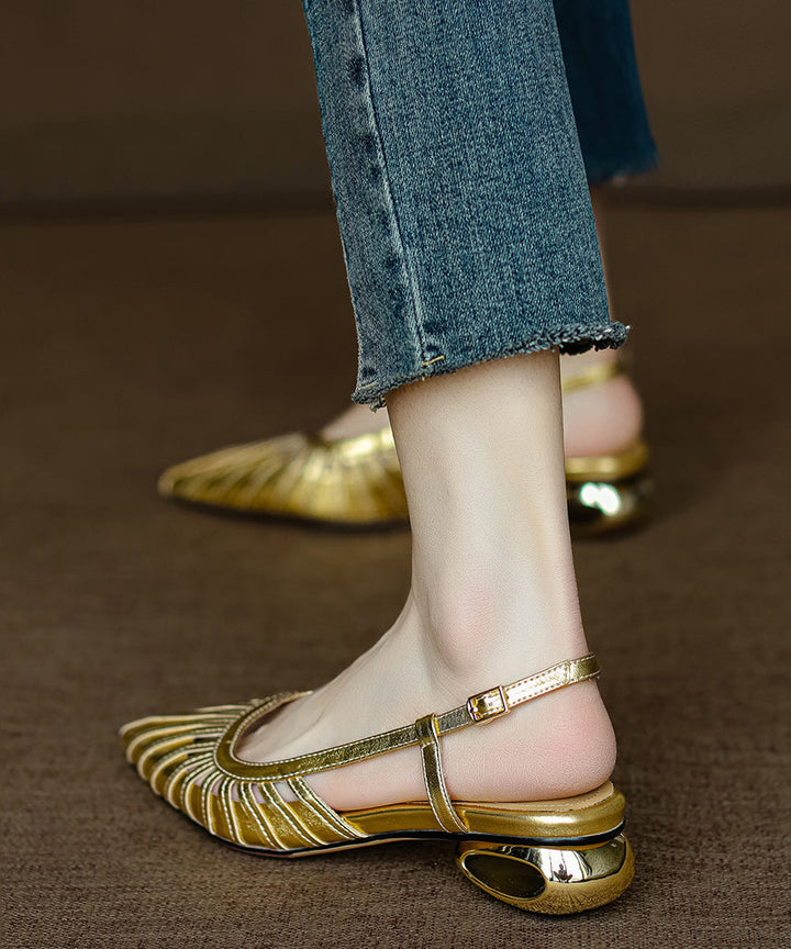 French Gold Chunky Sandals Cowhide Leather Hollow Out Pointed Toe - Omychic
