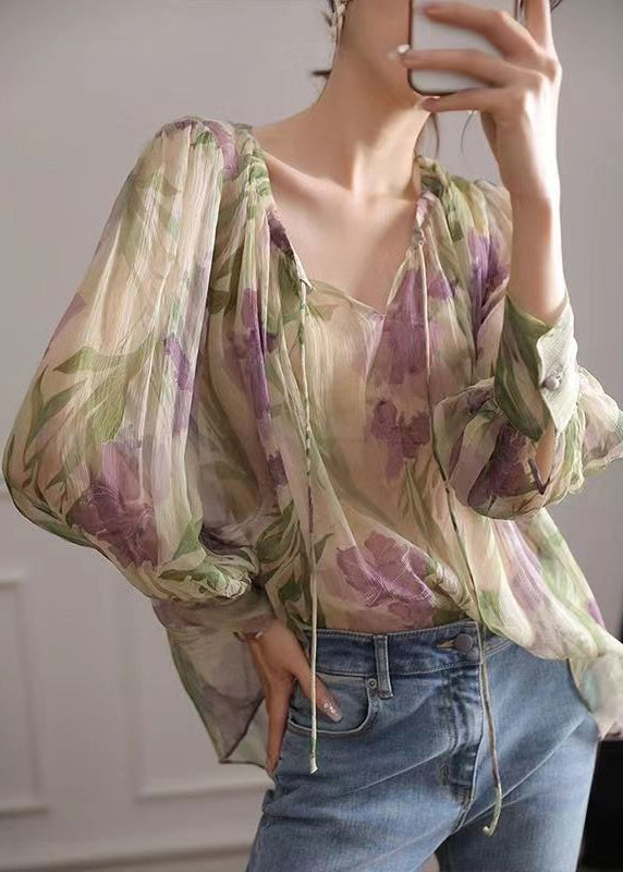 French Green Print Lace Up Chiffon Blouse Long Sleeve - Omychic