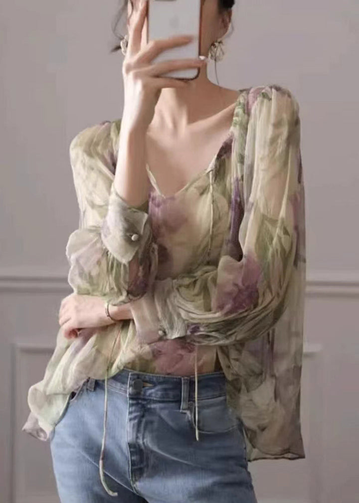 French Green Print Lace Up Chiffon Blouse Long Sleeve - Omychic