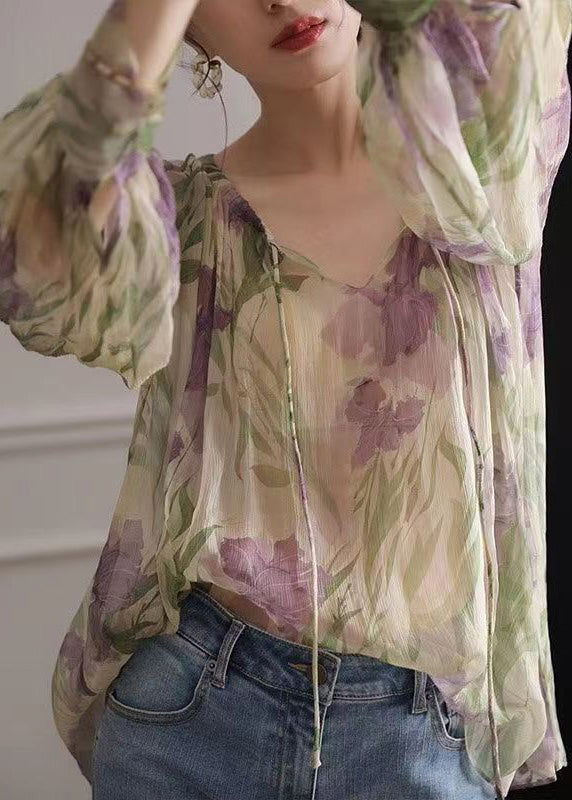French Green Print Lace Up Chiffon Blouse Long Sleeve - Omychic
