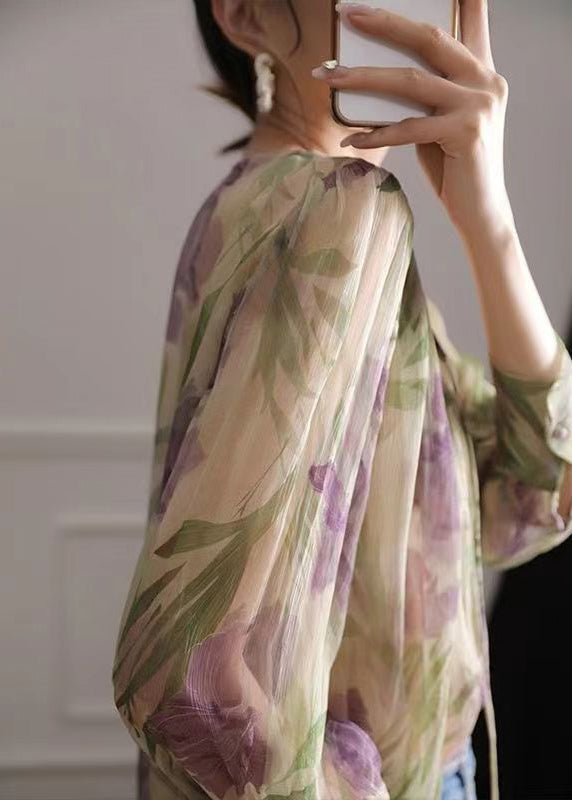 French Green Print Lace Up Chiffon Blouse Long Sleeve - Omychic