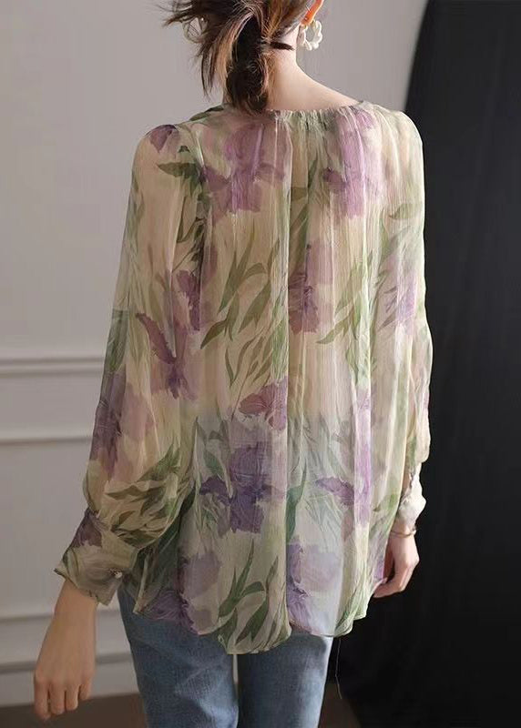 French Green Print Lace Up Chiffon Blouse Long Sleeve - Omychic