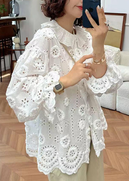 French Handmade White Puff Sleeve Hollow Out Floral Cotton Top - Omychic