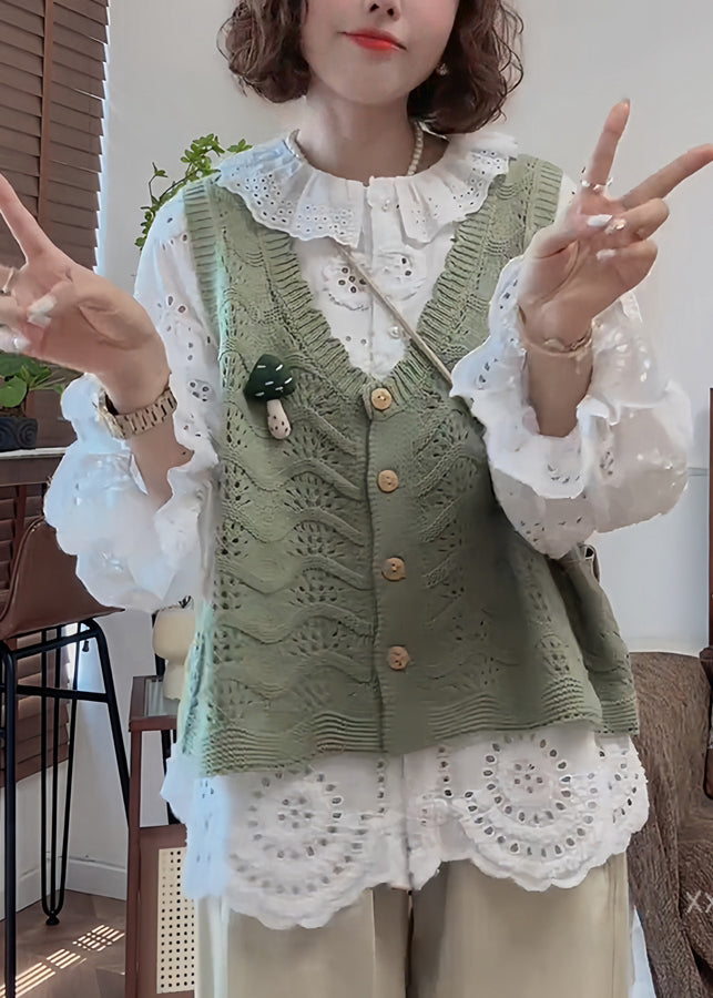 French Handmade White Puff Sleeve Hollow Out Floral Cotton Top - Omychic