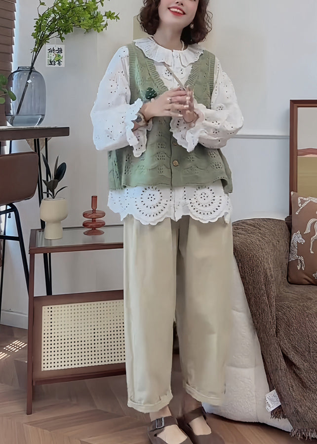 French Handmade White Puff Sleeve Hollow Out Floral Cotton Top - Omychic