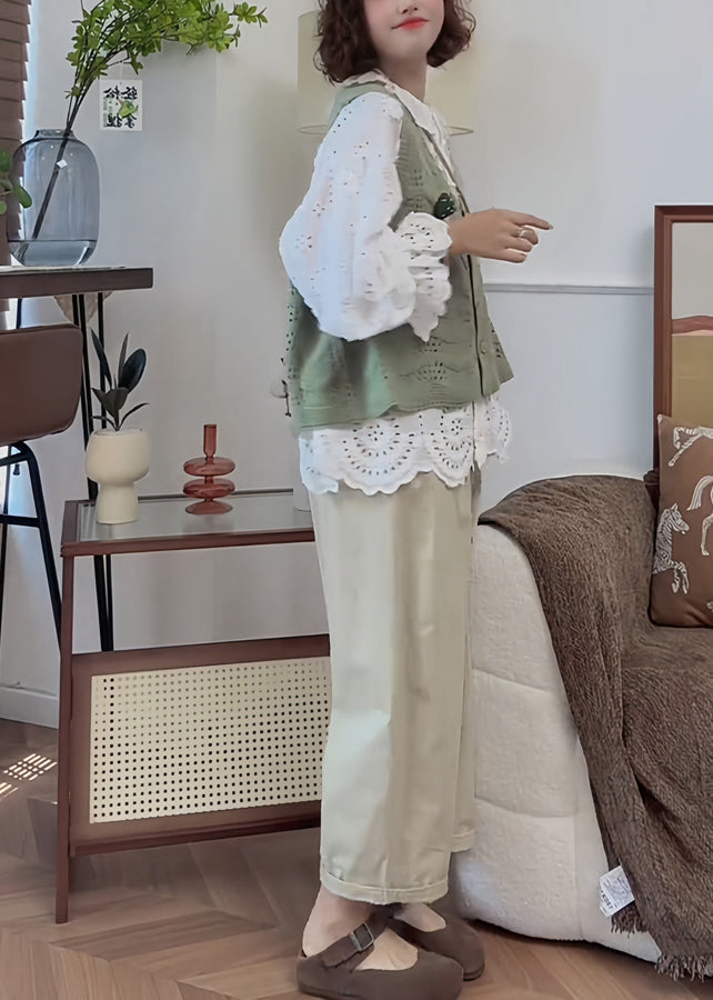 French Handmade White Puff Sleeve Hollow Out Floral Cotton Top - Omychic