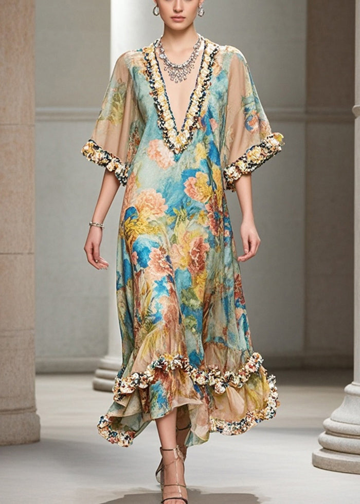 French Khaki Ruffled Print Chiffon Long Dresses Summer - Omychic