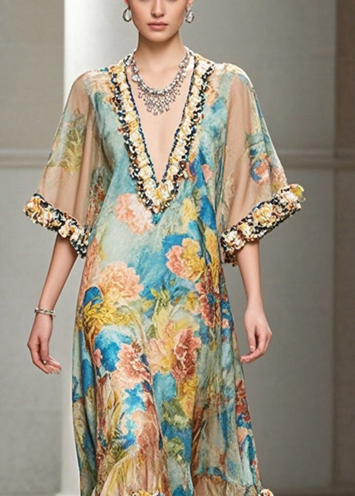 French Khaki Ruffled Print Chiffon Long Dresses Summer - Omychic