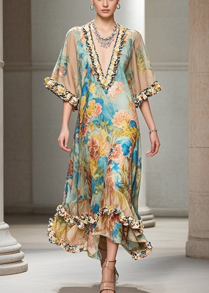 French Khaki Ruffled Print Chiffon Long Dresses Summer - Omychic