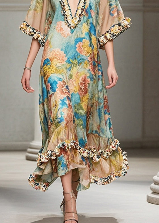 French Khaki Ruffled Print Chiffon Long Dresses Summer - Omychic