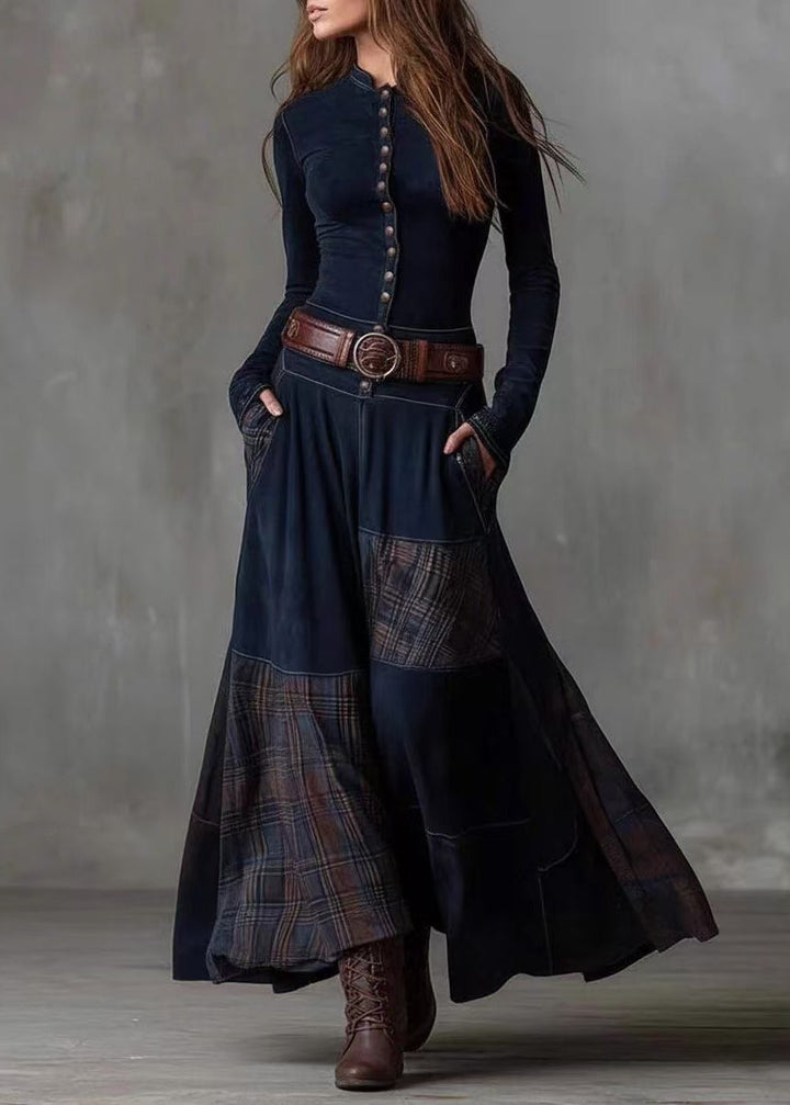 French Navy Button Pockets Plaid Patchwork Faux Suede Maxi Dresses Spring - Omychic