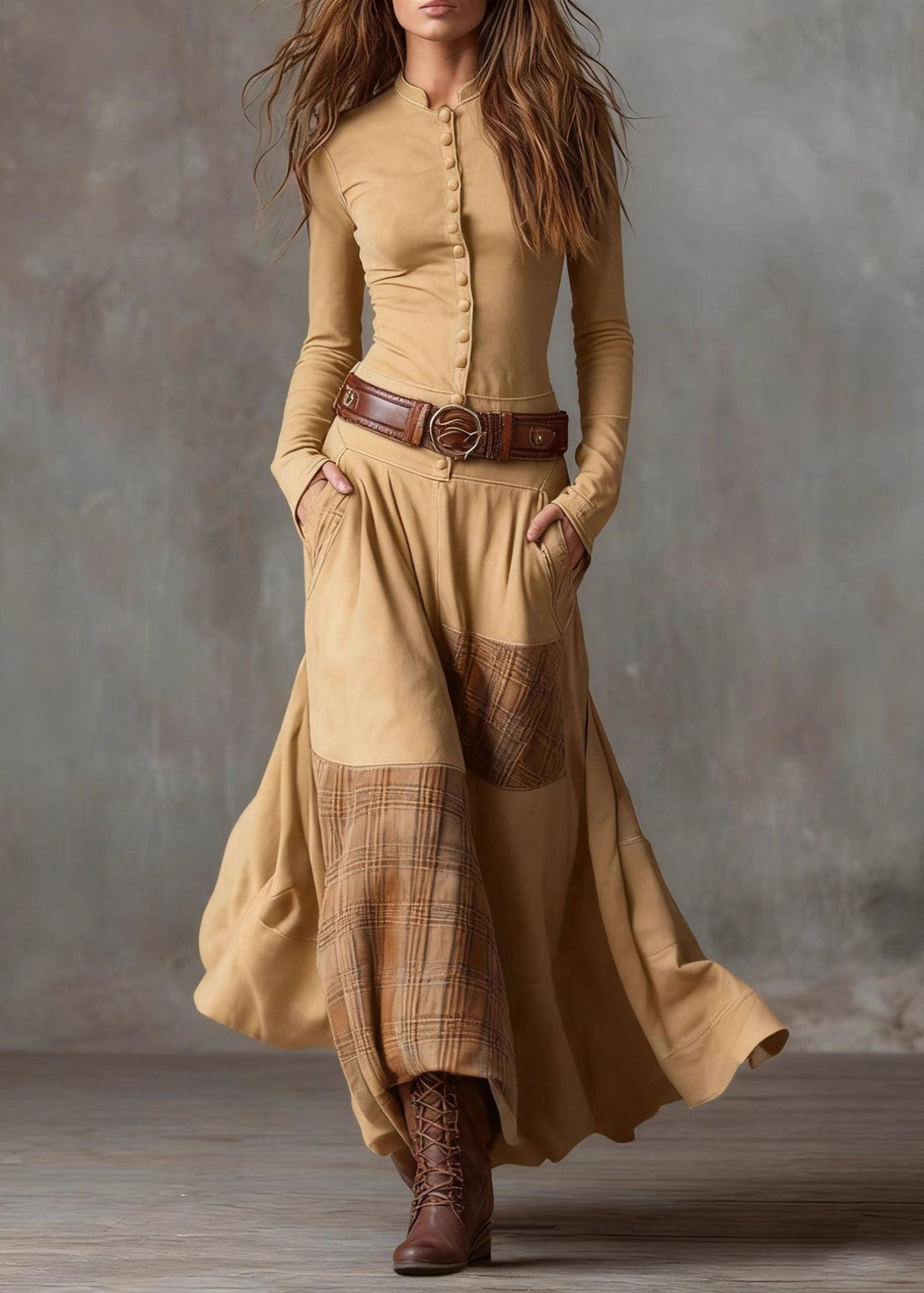 French Navy Button Pockets Plaid Patchwork Faux Suede Maxi Dresses Spring - Omychic