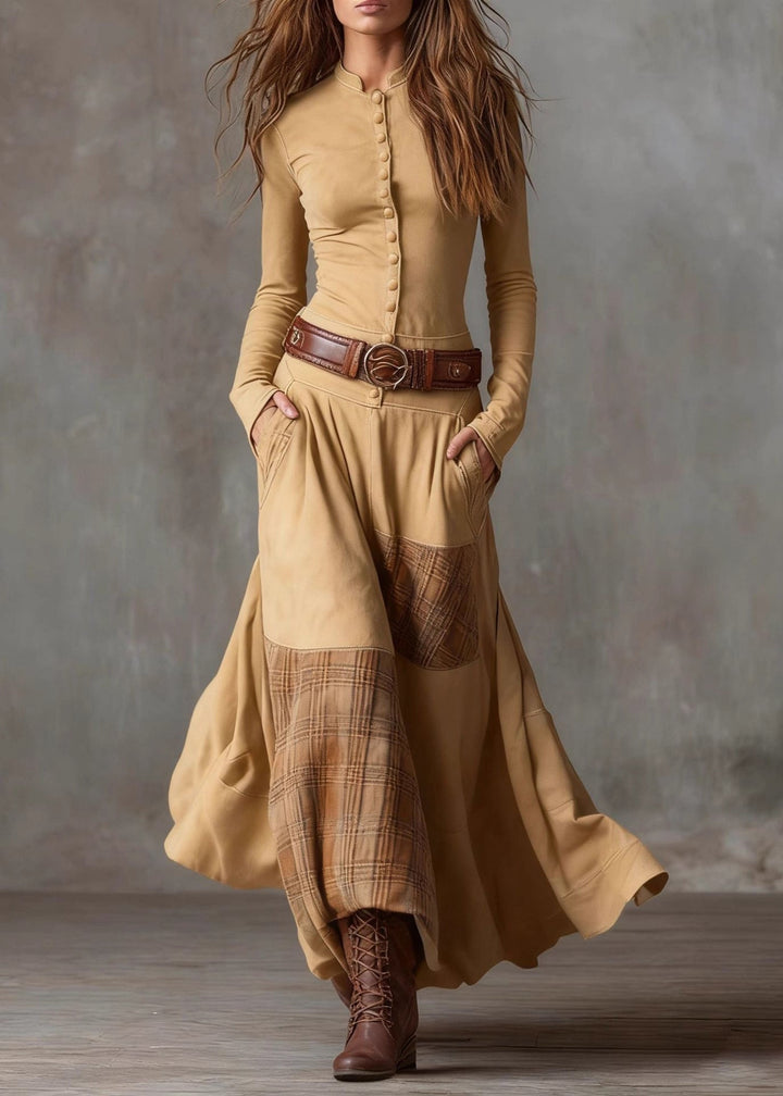 French Navy Button Pockets Plaid Patchwork Faux Suede Maxi Dresses Spring - Omychic