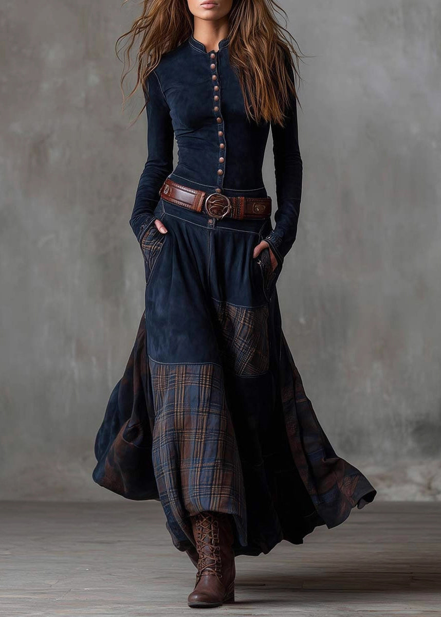 French Navy Button Pockets Plaid Patchwork Faux Suede Maxi Dresses Spring - Omychic
