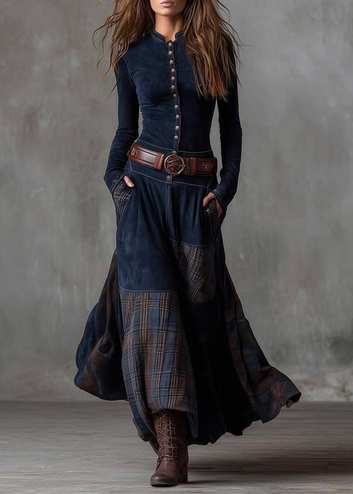 French Navy Button Pockets Plaid Patchwork Faux Suede Maxi Dresses Spring - Omychic