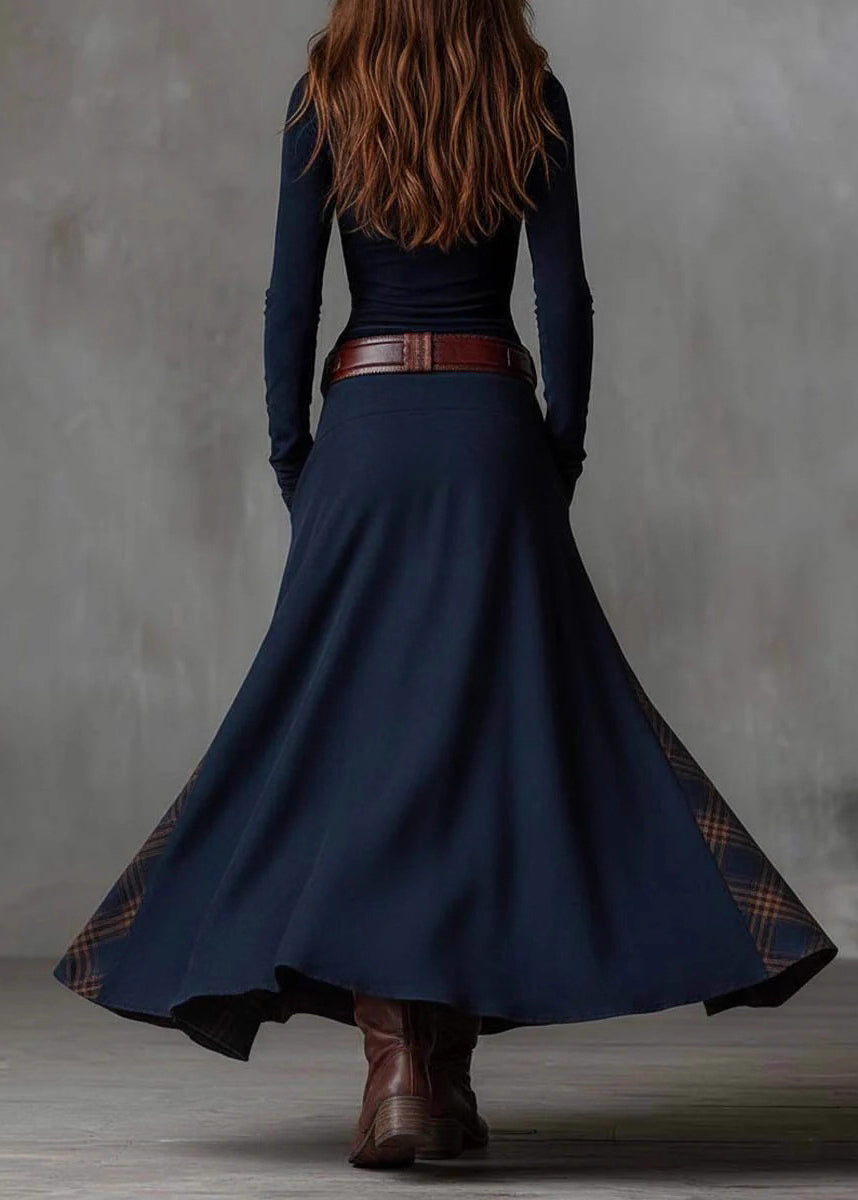 French Navy Button Pockets Plaid Patchwork Faux Suede Maxi Dresses Spring - Omychic